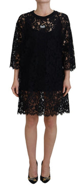 Dolce & Gabbana Black Floral Lace Cotton Shift Mini Dress -   -  Dolce & Gabbana.